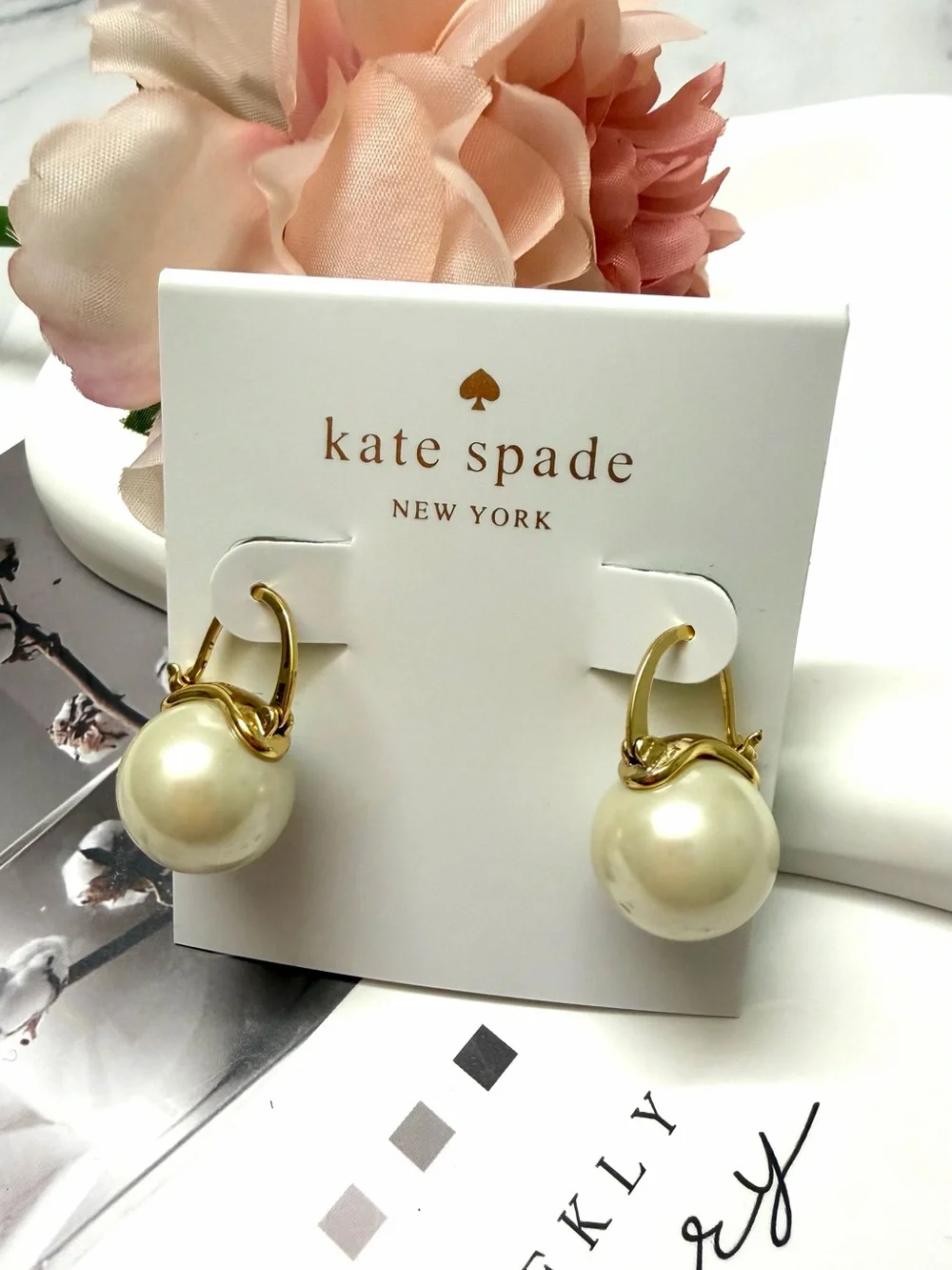 kate spade Gold Hoop Earrings with Cream white Pearl Drops
